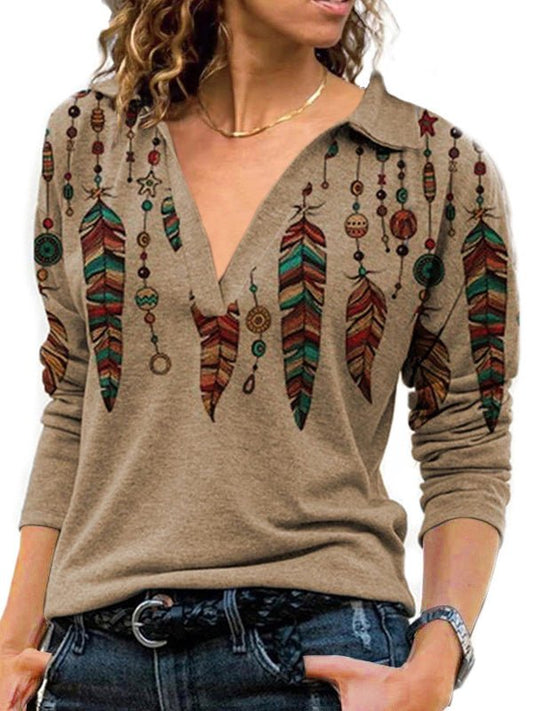 T-Shirts Vintage V Neck Lapel Long Sleeve T-Shirt - LuckyFash™