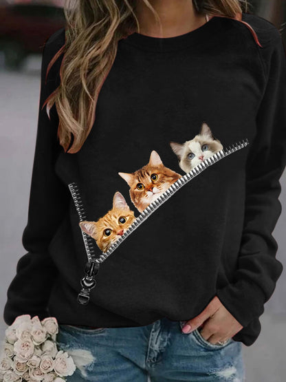 T-Shirts Zip Cat Print Round Neck Long Sleeve T-Shirt - LuckyFash™