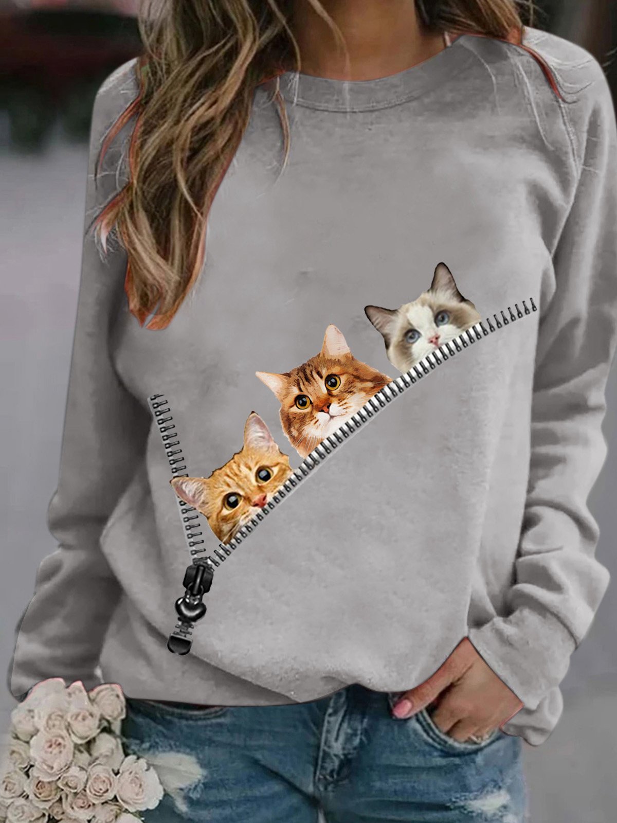 T-Shirts Zip Cat Print Round Neck Long Sleeve T-Shirt - LuckyFash™