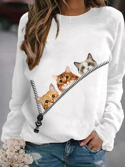 T-Shirts Zip Cat Print Round Neck Long Sleeve T-Shirt - LuckyFash™