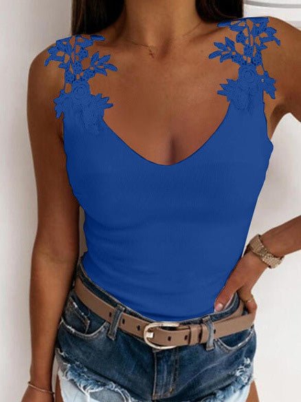 Tank Tops Casual Solid V-Neck Lace Tank Top - LuckyFash™