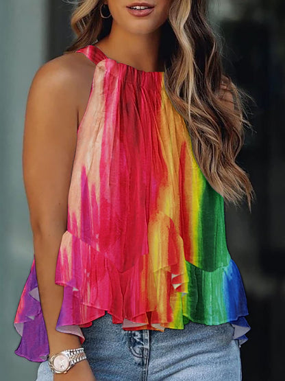 Tank Tops Multicolor Print Halter Ruffle Sleeveless Tank Tops - LuckyFash™