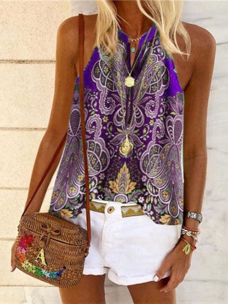 Women's Tank Tops V-Neck Vintage Print Sleeveless Tank Tops - LuckyFash™