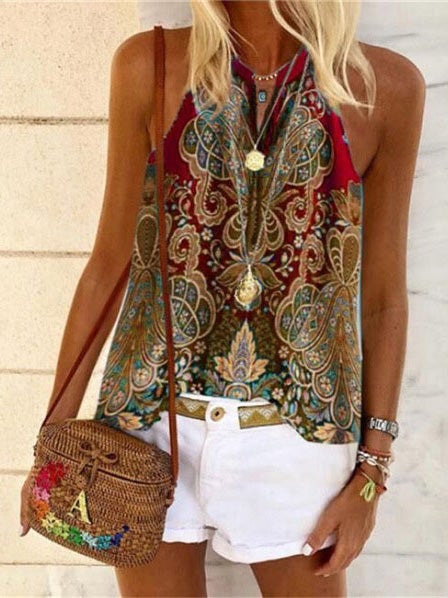 Women's Tank Tops V-Neck Vintage Print Sleeveless Tank Tops - LuckyFash™
