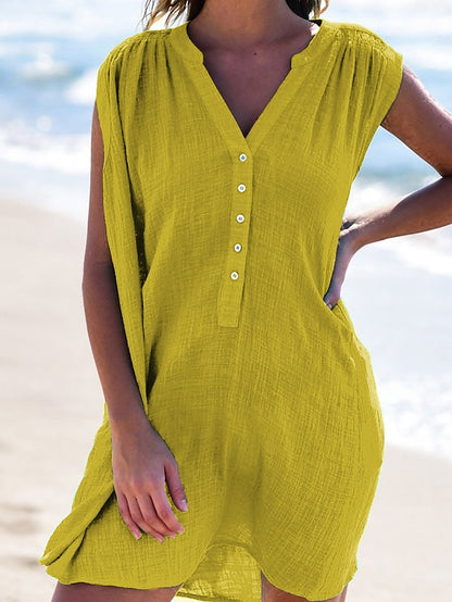 Women's Beach Dress Beach Wear Mini Dress Button Basic Casual Plain V Neck Sleeveless Loose Fit Outdoor Daily Yellow 2023 Summer Spring S M L XL - LuckyFash™