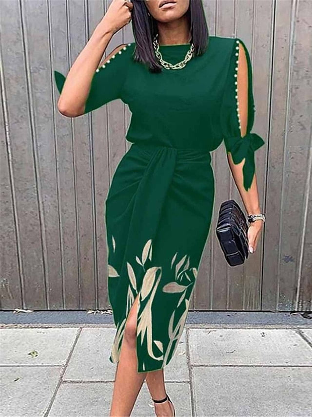 Women's Work Dress Sheath Dress Semi Formal Dress Fashion Midi Dress Cut Out Print Crew Neck Half Sleeve Floral Regular Fit Brown Green Summer Spring S M L XL XXL - LuckyFash™