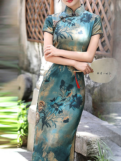 Women's Bodycon Sheath Dress Cheongsam Dress Midi Dress Red Blue Gold Short Sleeve Floral Split Spring Summer Stand Collar Elegant Weekend 2023 M L XL XXL 3XL 4XL 5XL - LuckyFash™