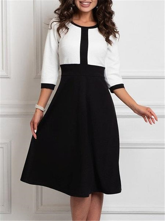 Women's Work Dress Semi Formal Dress Fashion Midi Dress Patchwork Crew Neck 3/4 Length Sleeve Color Block Regular Fit Black Spring Summer S M L XL XXL - LuckyFash™