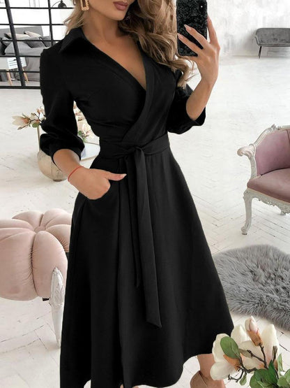 Wrap Design Plain Long Sleeve Flared Dress - LuckyFash™