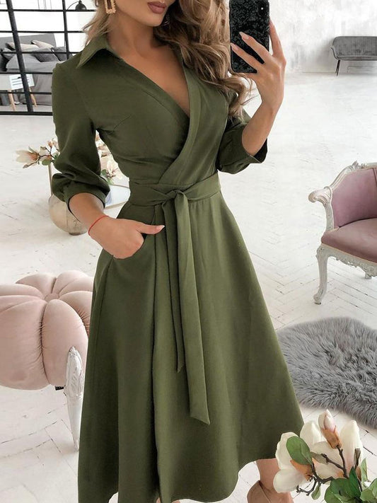 Wrap Design Plain Long Sleeve Flared Dress - LuckyFash™