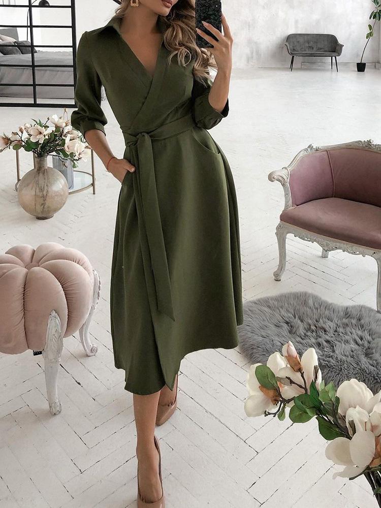 Wrap Design Plain Long Sleeve Flared Dress - LuckyFash™