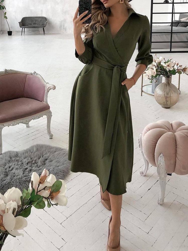 Wrap Design Plain Long Sleeve Flared Dress - LuckyFash™