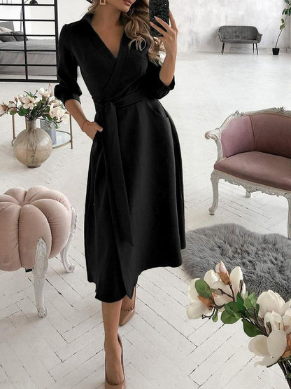 Wrap Design Plain Long Sleeve Flared Dress - LuckyFash™