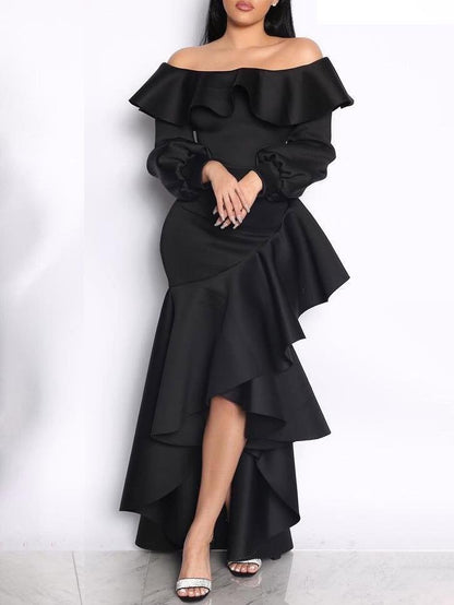 Wrapped One-Shoulder Ruffled Long Sleeve Dress - LuckyFash™