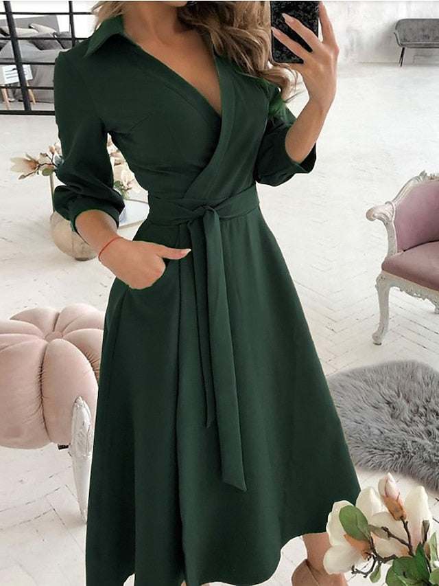 Work Dress Formal Dress Wrap Dress Midi Dress Letter printing Butterfly print Big wave point Long Sleeve Graphic Lace up Summer Spring Shirt Collar Fashion Winter Dress Office Fall Dress  for Women - LuckyFash™