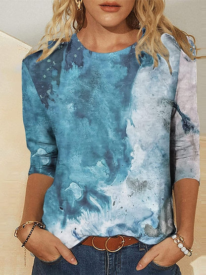 Women's T shirt Tee Light Green Pink Navy Blue Sparkly Print 3/4 Length Sleeve Daily Weekend Basic Round Neck Regular Abstract Painting S - LuckyFash™