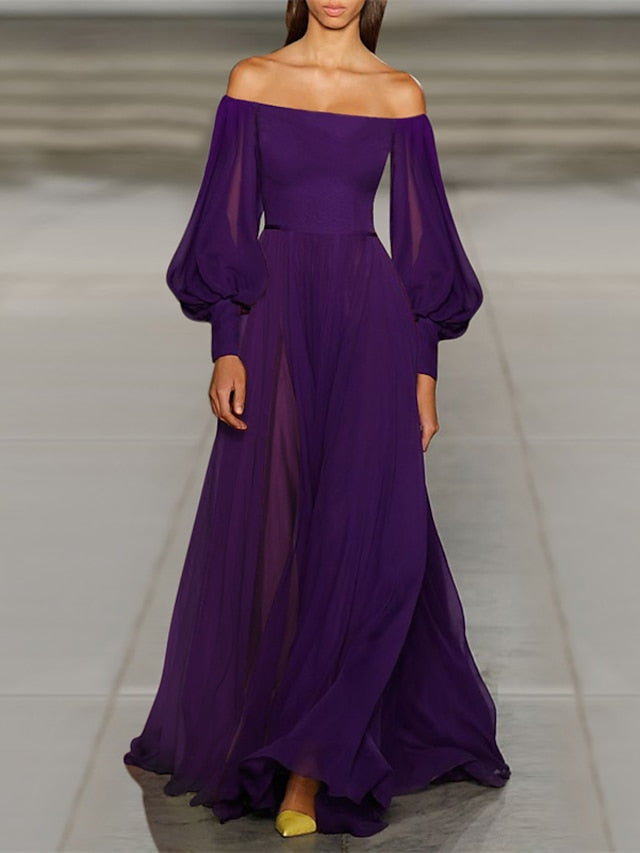 Womenâ€˜s Prom Party Dress Swing Dress Long Dress Maxi Dress Green Black Purple Long Sleeve Pure Color Cold Shoulder Fall Autumn Off Shoulder Winter Dress Evening Party Loose Fit 2023 S M L XL - LuckyFash™