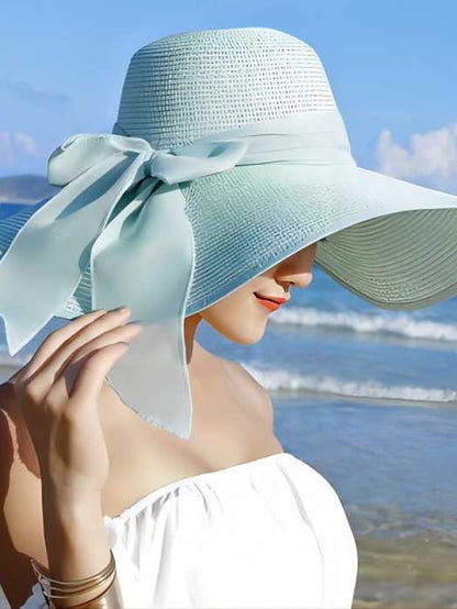 1 pcs Womens 5.5 Inches Big Bowknot Straw Hat Large Floppy Foldable Roll up Beach Cap Sun Hat UPF 50 - LuckyFash™