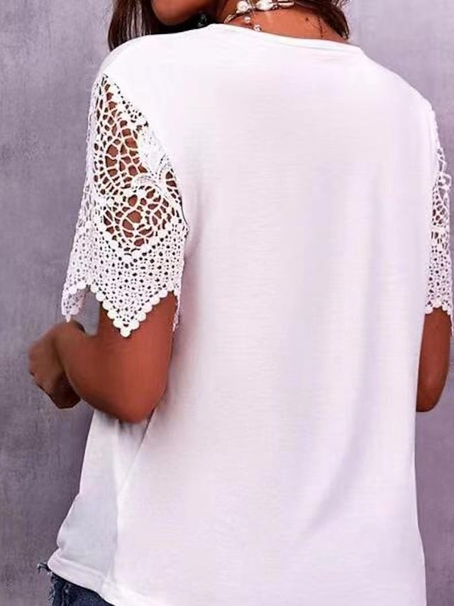 Amazon  Summer Cross-Border Solid Color Lace V-Neck Loose Top for Women - LuckyFash™