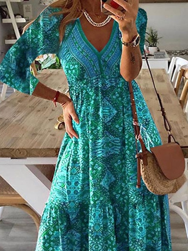 Womenâ€˜s A Line Dress Maxi long Dress Red 3/4 Length Sleeve Print Summer Spring Fall  V Neck Casual 2023 3XL - LuckyFash™