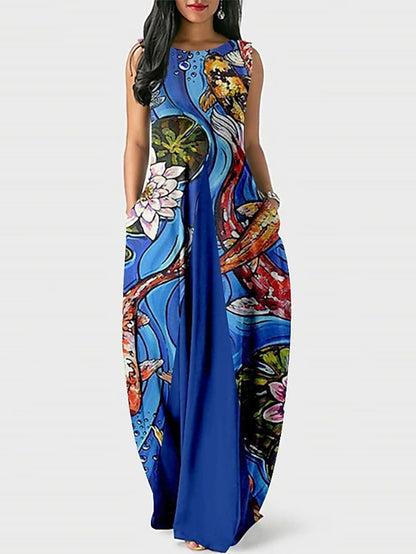 Women's Party Dress Shift Dress Long Dress Maxi Dress Blue Wine Dark Blue Sleeveless Floral Pocket Spring Summer Crew Neck Party 2023 S M L XL XXL 3XL - LuckyFash™