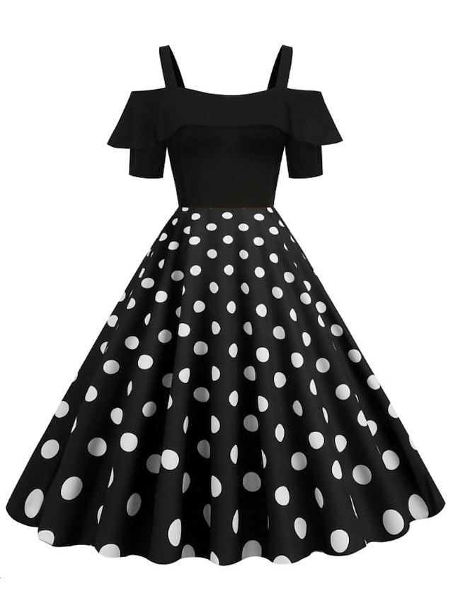 Women's 1950s Vintage Vintage Dress Midi Dress Holiday Date Ruched Print Polka Dot Spaghetti Strap Short Sleeve Regular Fit Summer Spring 2023 Black Yellow S M L XL - LuckyFash™