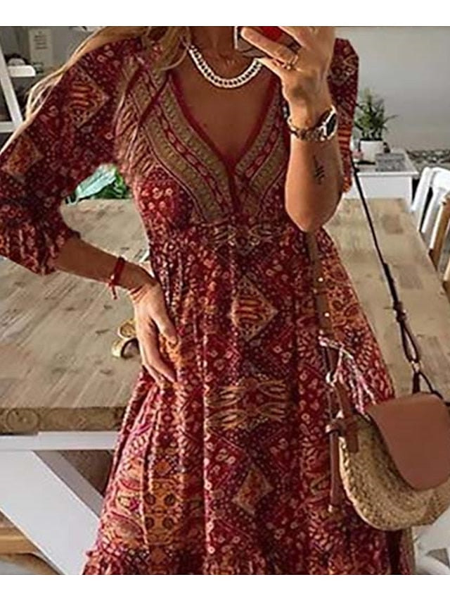 Womenâ€˜s A Line Dress Maxi long Dress Red 3/4 Length Sleeve Print Summer Spring Fall  V Neck Casual 2023 3XL - LuckyFash™