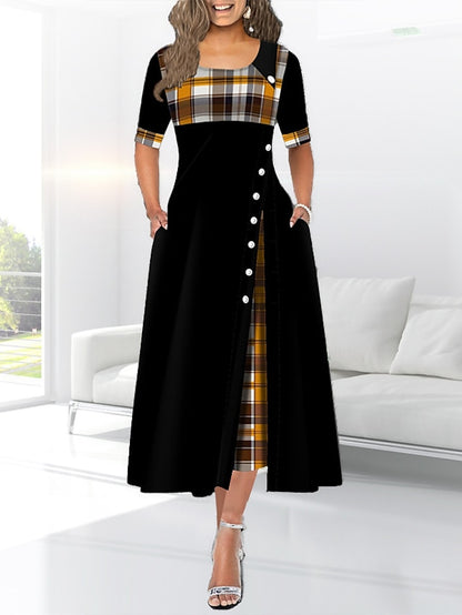 Women's Work Dress Swing Dress Plaid Dress Midi Dress Black Yellow Wine Half Sleeve Plaid Patchwork Summer Spring Crew Neck Modern Winter Dress Office Birthday 2023 S M L XL XXL 3XL 4XL 5XL - LuckyFash™