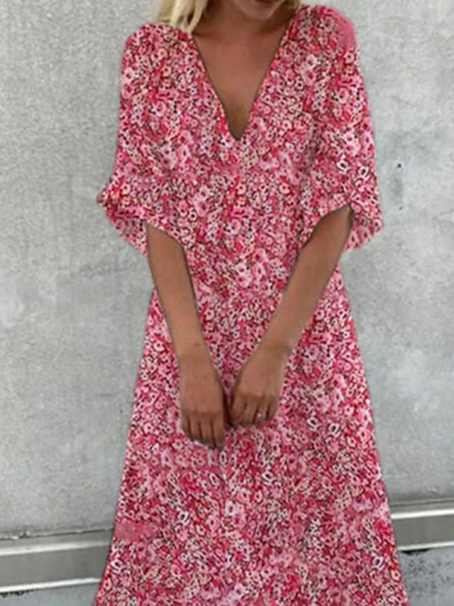 Women's A Line Dress Maxi long Dress Pink Short Sleeve Floral Print Ruched Swing Dress Spring Summer Dress V Neck Romantic Vacation 2023 S-3XL - LuckyFash™