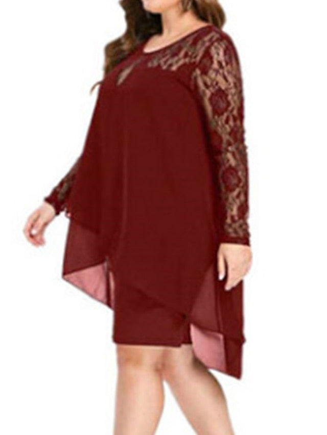 Women's Black Blue Wine Long Sleeve Pure Color Lace Fall Crew Neck Winter Dress Fall Dress XL XXL 3XL 4XL 5XL - LuckyFash™