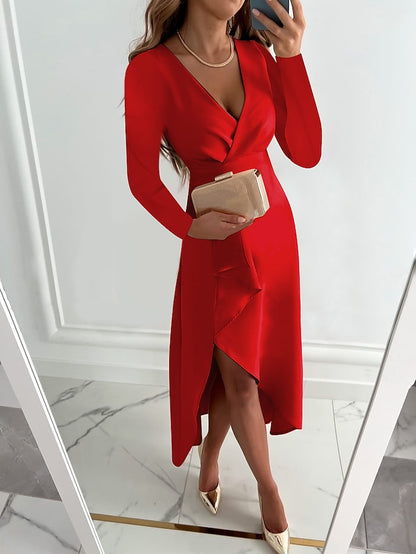 Womenâ€˜s Sheath Dress Wedding Guest Modern Dress Long Dress Maxi Dress Black Light Red Red Long Sleeve Solid Color Patchwork Fall Winter V Neck Elegant Winter Dress Fall Dress 2023 S M L XL XXL - LuckyFash™