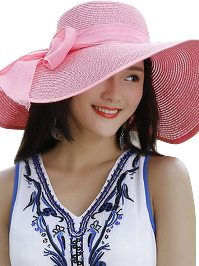 1 pcs Womens 5.5 Inches Big Bowknot Straw Hat Large Floppy Foldable Roll up Beach Cap Sun Hat UPF 50 - LuckyFash™