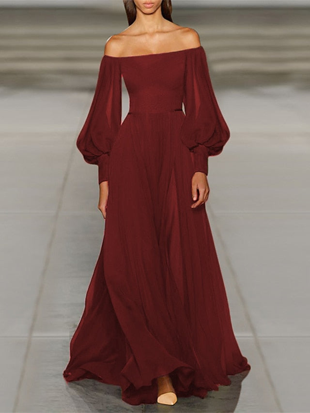 Womenâ€˜s Prom Party Dress Swing Dress Long Dress Maxi Dress Green Black Purple Long Sleeve Pure Color Cold Shoulder Fall Autumn Off Shoulder Winter Dress Evening Party Loose Fit 2023 S M L XL - LuckyFash™