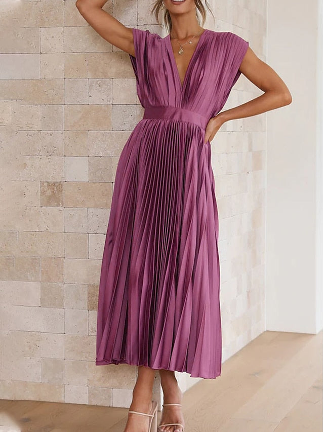 Women's Wedding Guest Dress Swing Dress Formal Dress Long Dress Maxi Dress Black Pink Red Sleeveless Pure Color Pleated Summer Spring Fall V Neck Party Evening Party Wedding Guest Vacation Loose Fit - LuckyFash™