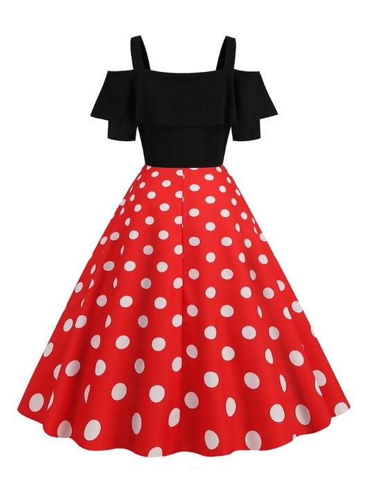 Women's 1950s Vintage Vintage Dress Midi Dress Holiday Date Ruched Print Polka Dot Spaghetti Strap Short Sleeve Regular Fit Summer Spring 2023 Black Yellow S M L XL - LuckyFash™