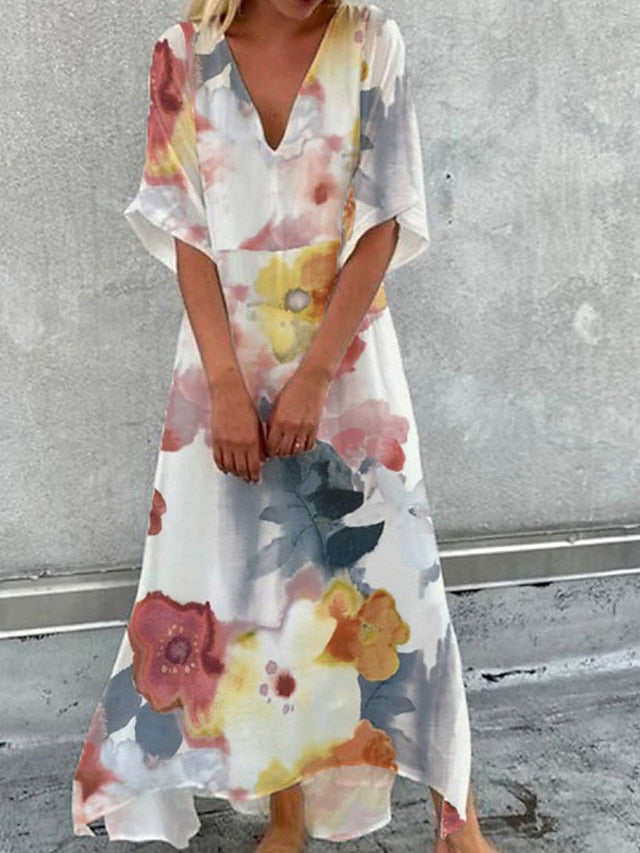 Women's Marbling Floral Print Casual Dress Swing Dress Boho Dress Long Dress Maxi Dress Green Blue Yellow Half Sleeve Summer Fall Spring V Neck Weekend Loose Fit 2023 S M L XL XXL 3XL - LuckyFash™