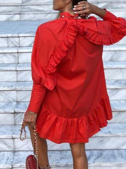 Womenâ€˜s A Line Dress Tiered Dress Mini Dress Black White Red Long Sleeve Pure Color Ruffle Fall V Neck Casual Winter Dress Fall Dress 2023 S M L XL XXL 3XL - LuckyFash™