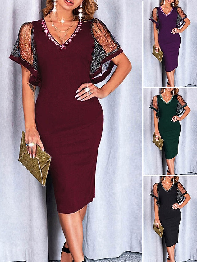 Womenâ€˜s Cocktail Party Dress Wedding Guest Dress Sheath Dress Midi Dress Wine Purple Green Short Sleeve Pure Color Mesh Winter Fall Spring V Neck Fashion 2023 S M L XL XXL 3XL - LuckyFash™