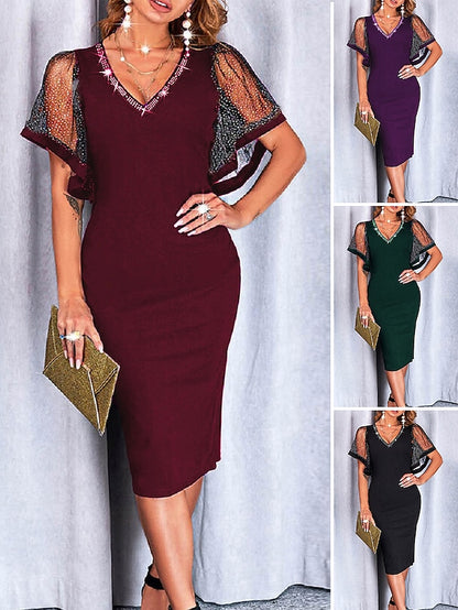 Womenâ€˜s Cocktail Party Dress Wedding Guest Dress Sheath Dress Midi Dress Wine Purple Green Short Sleeve Pure Color Mesh Winter Fall Spring V Neck Fashion 2023 S M L XL XXL 3XL - LuckyFash™