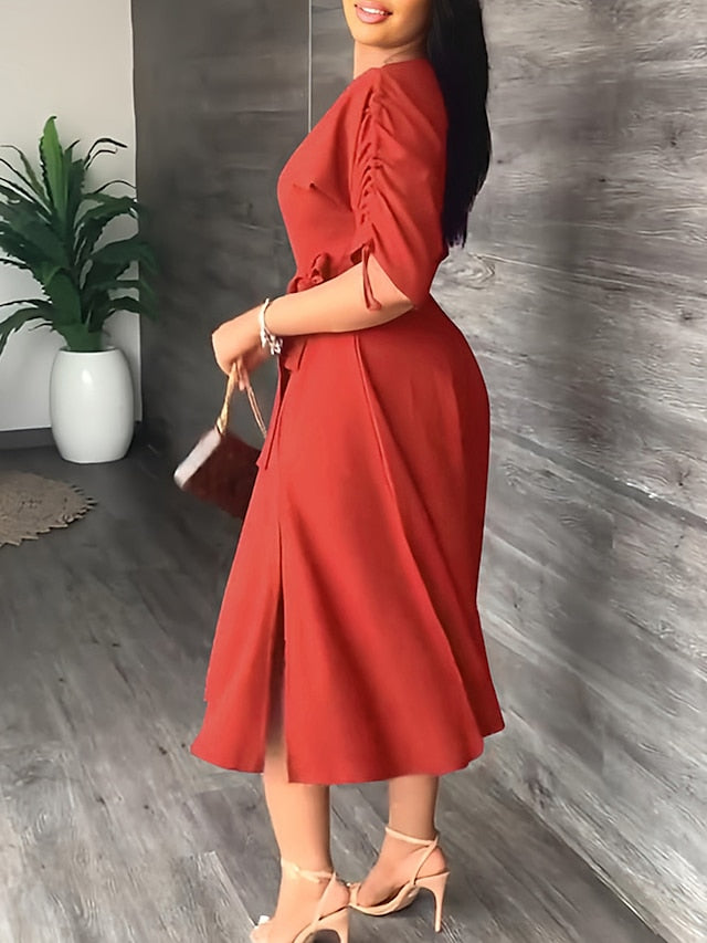 Women's Work Dress Swing Dress Semi Formal Dress Fashion Midi Dress Lace up Off Shoulder Long Sleeve Plain Loose Fit Black Red Blue Summer Spring S M L XL - LuckyFash™