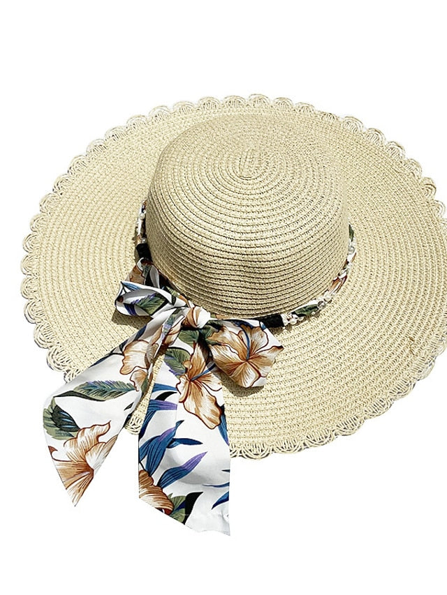 1pcs Summer Straw Hats Ladies Big Brim Hat Seaside Shade Sunscreen Hat With Lace Pearl Streamer Straw Hat For Women Travel - LuckyFash™