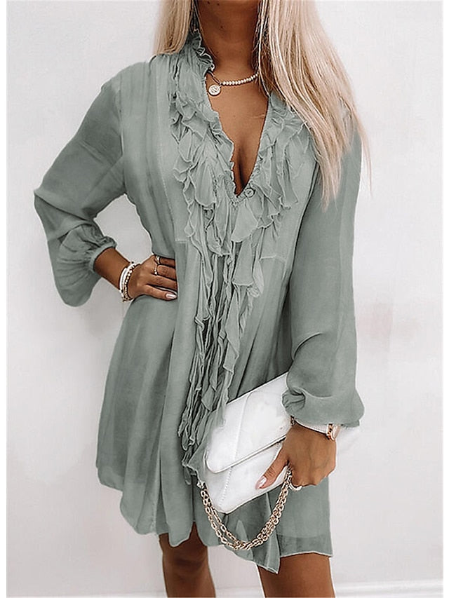 Women's Chiffon Dress Knee Length Dress Pink Gray Long Sleeve Solid Color Ruffle Summer Spring V Neck Casual Winter Dress Fall Dress 2023 S M L XL XXL - LuckyFash™