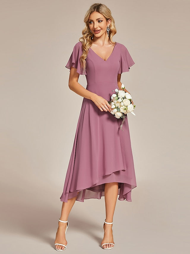 Women's Wedding Guest Dress Party Dress Homecoming Dress Midi Dress Pink Short Sleeve Pure Color Layered Summer Spring Fall V Neck Party Birthday Wedding Guest Vacation 2023 S M L XL 2XL 3XL - LuckyFash™