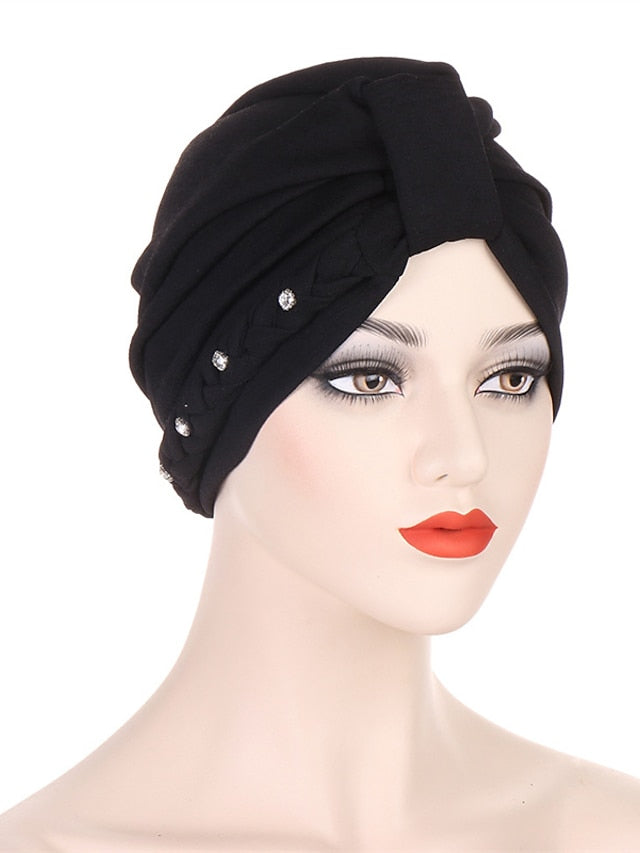 1PCS Trendy Two Dress Braid Turban Cap for Women with Crystal Muslim Head Wrap Islam Hijab Bonnet Hair Care Hat - LuckyFash™