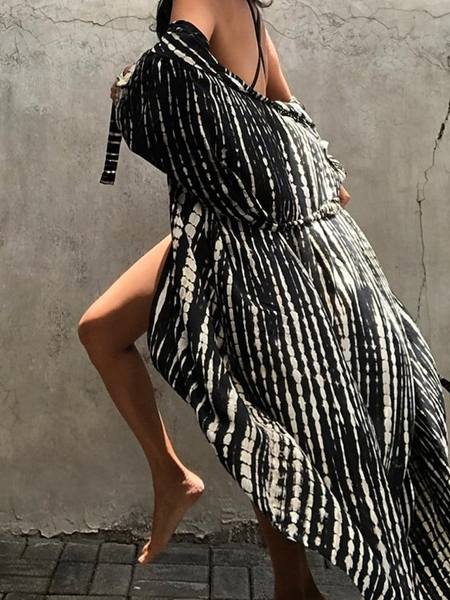 Women's Beach Dress Beach Wear Long Dress Maxi Dress Lace up Basic Casual Tie Dye Open Front 3/4 Length Sleeve Loose Fit Outdoor Daily Black White 2023 Summer Spring One Size - LuckyFash™