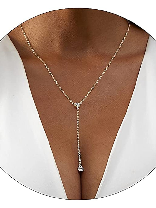 1PC Necklace 14K Gold Plated Zircon Y Lariat Necklaces Long Drop CZ Pendant Y Necklace for Women Dainty Diamond Chain Necklace Fashion Jewelry for Women - LuckyFash™