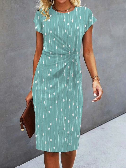 Women's Work Dress Sheath Dress Semi Formal Dress Fashion Midi Dress Ruched Print Crew Neck Short Sleeve Polka Dot Stripe Loose Fit Green Summer Spring S M L XL XXL - LuckyFash™