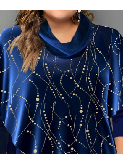 Women's Blouse Blue Graphic Ruched Print 3/4 Length Sleeve Vacation Going out Elegant Holiday Crew Neck Velvet Plus Size L - LuckyFash™