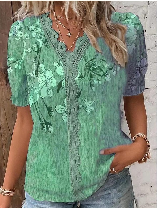 Women's Shirt Blouse Pink Purple Green Floral Lace Trims Print Short Sleeve Casual Holiday Basic V Neck Regular Floral S - LuckyFash™