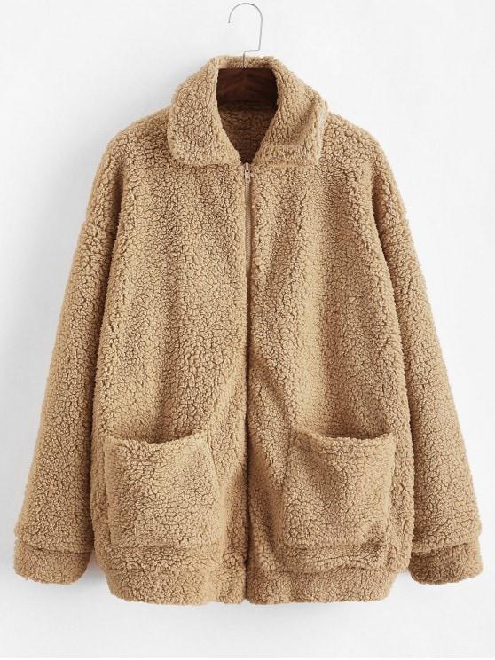 Yasmine Bateman Pocket Zipper Drop Shoulder Fluffy Teddy Coat - LuckyFash™